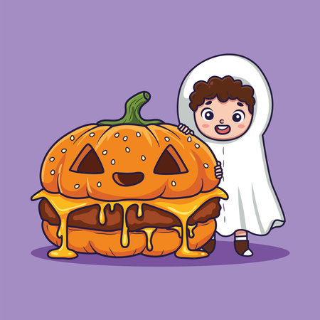 a cute little child wearing a Halloween ghost costume with a large Halloween pumpkin burger. vector illustrationのイラスト素材
