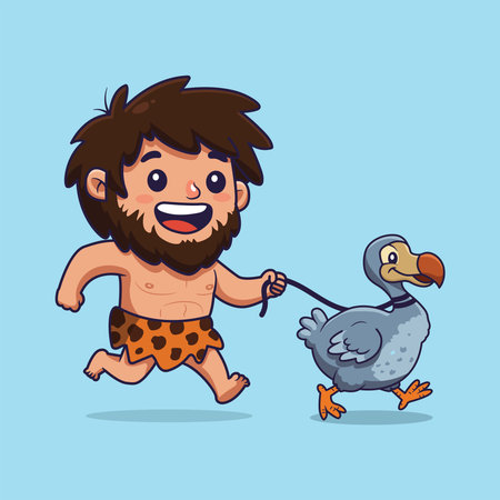 cute Caveman Running with a Dodo Bird on a Leash. vector illustrationのイラスト素材