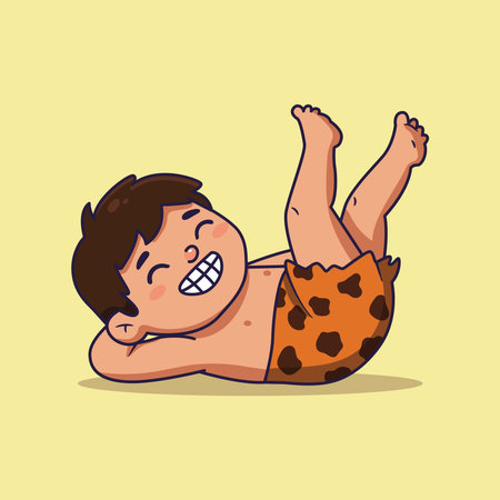 Happy cute caveman relaxing . illustrationのイラスト素材