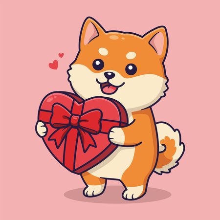 Cute Shiba Inu with Heart-Shaped Gift Box for Valentine's Day. illustrationのイラスト素材