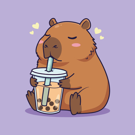 Cute Capybara Enjoying Boba Tea. vector illustrationのイラスト素材