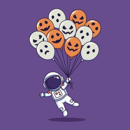 cute Astronaut Floating with Halloween Balloons. vector illustrationのイラスト素材