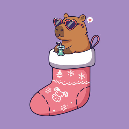 cute Capybara in a Christmas Stocking with Heart Sunglasses and Drink. vector illustrationのイラスト素材