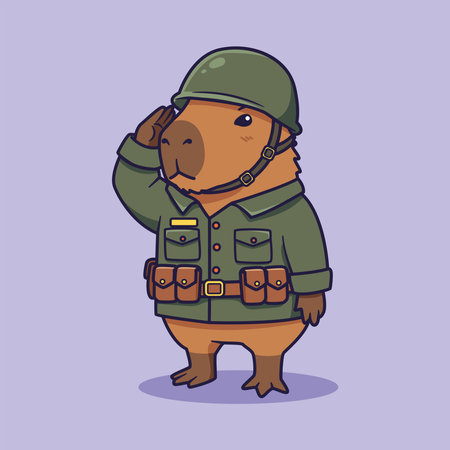 Cute cartoon capybara in a military uniform. Vector illustration on a purple background.のイラスト素材