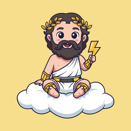 Cute Cartoon Zeus on a Cloud Holding a Lightning Bolt. vector illustrationのイラスト素材