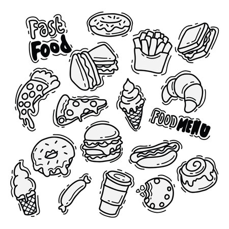 Fast Food Doodle Set Burgers Pizza Fries and Moreのイラスト素材