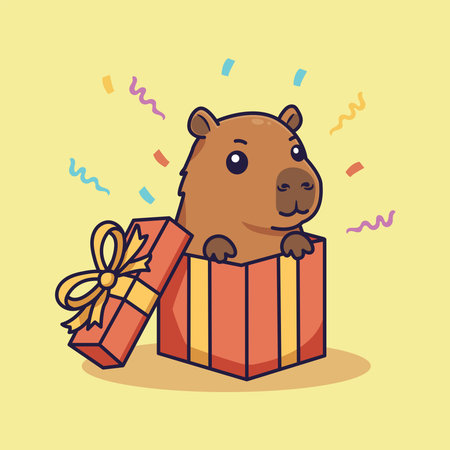 Cute Cartoon Capybara Popping Out of Gift Box with Confetti. Vector Illustration for Festive Celebrationのイラスト素材