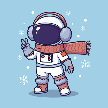 Cute Cartoon Astronaut Wearing Winter Accessories with Peace Sign . Vector Illustration for Holiday Space Themeのイラスト素材