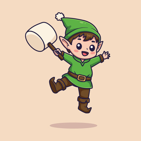 Cute Elf Cartoon Jumping with a Marshmallow Hammer. Vector Illustration for Holiday and Fantasy Themeのイラスト素材