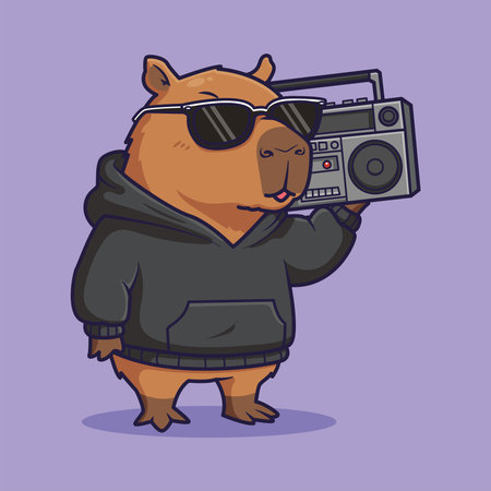 Cute Cartoon Capybara Wearing Hoodie and Sunglasses Holding Boombox. Vector Illustration of Urban Styleのイラスト素材