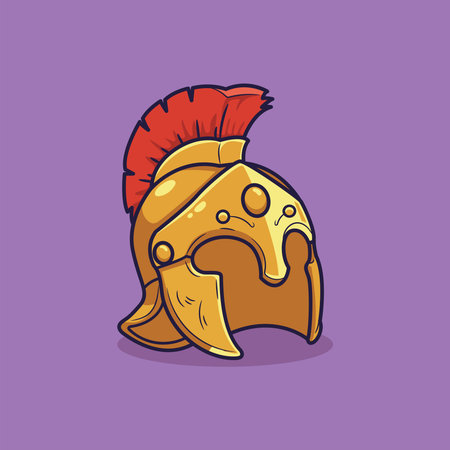 Cute Cartoon Golden Warrior Helmet with Red Plume. Vector Illustration of Historical Armor Iconのイラスト素材