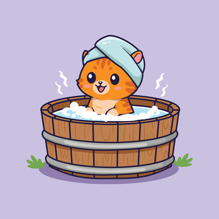 Cute Cartoon Orange Tabby Cat Taking a Bubble Bath in Wooden Tub â Vector Illustration of Relaxing Pet Sceneのイラスト素材