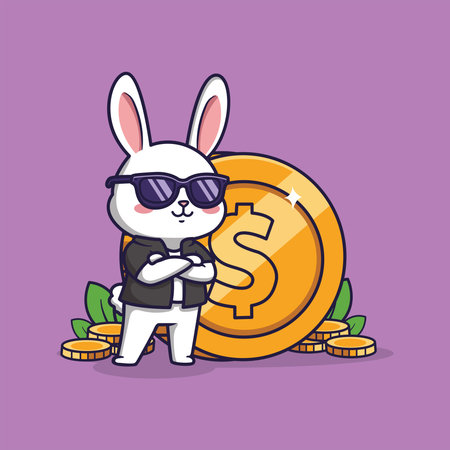 Cute Cartoon Rabbit with Sunglasses and Dollar Coin. Vector Illustration of Confident Wealth Characterのイラスト素材