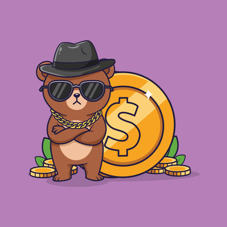 Cute Cartoon Bear in Sunglasses Standing by Dollar Coin . Vector Illustration of Whimsical Wealth and Style Themeのイラスト素材