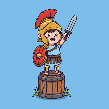 Cute Cartoon Roman Soldier Child Holding Sword and Shield . Vector Illustration of Whimsical Historical Hero Sceneのイラスト素材