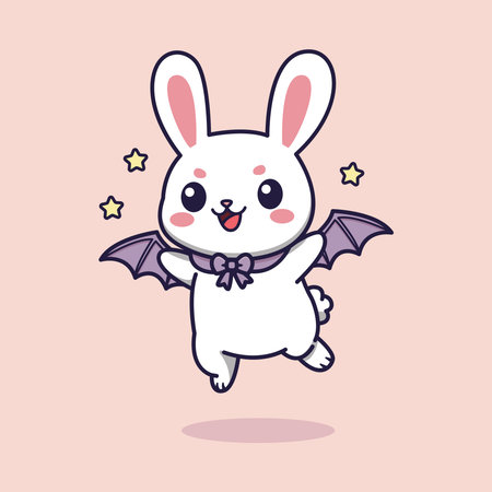 Cute Cartoon Bunny with Bat Wings and Ribbon Jumping Among Stars . Vector Illustration of Whimsical Fantasy Characterのイラスト素材