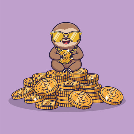 Cute Rich Sloth Sitting on Stack of Bitcoin Coins Vector Illustrationのイラスト素材