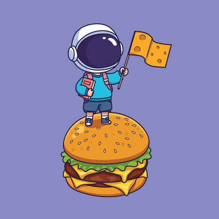 Cute Astronaut Kid Standing on Giant Burger Vector Illustrationのイラスト素材