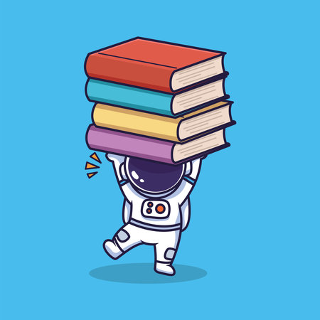 Cute Astronaut Holding Heavy Books Stack Vector Illustrationのイラスト素材