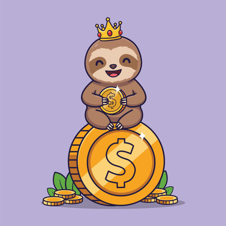 Cute Sloth King Sitting on Gold Dollar Coin Vector Illustrationのイラスト素材