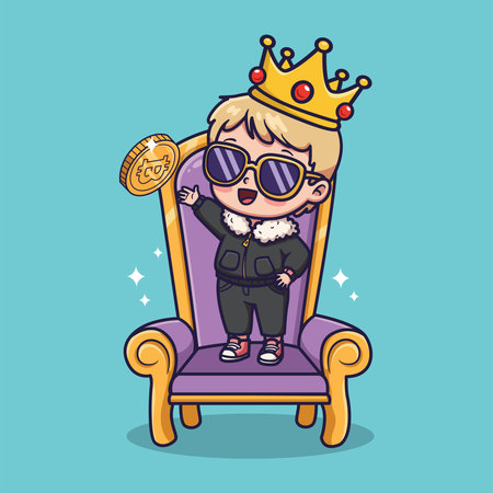 Chibi King Sitting on Throne Holding a Golden Coin. Vector Illustrationのイラスト素材