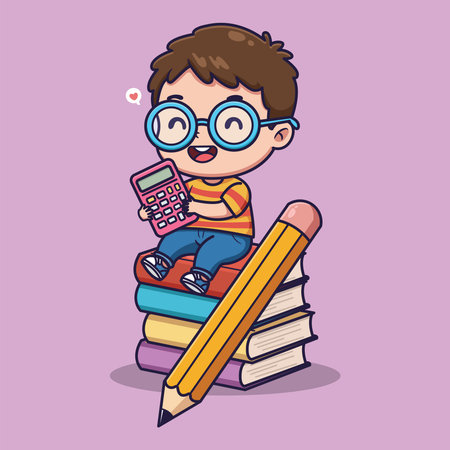 Cute Smart Boy with Calculator Sitting on Books Stack Vector Illustrationのイラスト素材