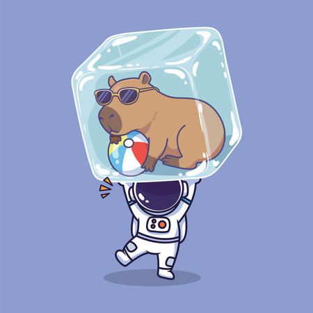 Cute Cartoon Astronaut Lifting Ice Cube with Relaxed Capybara . Vector Illustration of Whimsical Space and Summer Mashupのイラスト素材