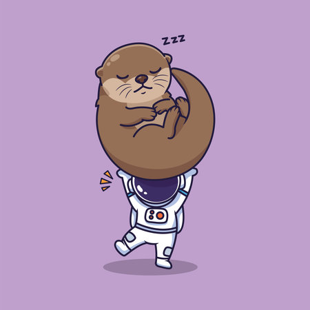 Cute Cartoon Astronaut Holding Sleeping Otter . Vector Illustration of Whimsical Space and Animal Sceneのイラスト素材