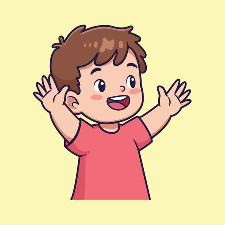 Cute Cartoon Kid Raising Hands with Happy Expression . Vector Illustrationのイラスト素材