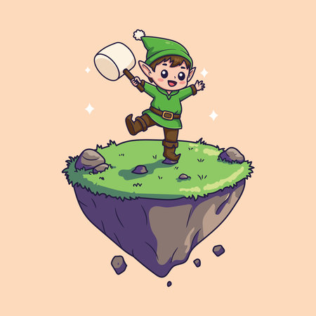 Cute Cartoon Elf Holding Mallet on Floating Island . Vector Illustration of Whimsical Fantasy Adventure Characterのイラスト素材