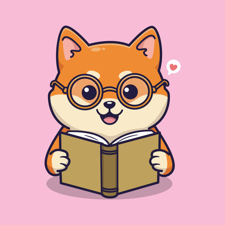 Cute Cartoon Shiba Inu Reading Book with Glasses and Heart Bubble . Vector Illustration of Whimsical Intelligent Dog Characterのイラスト素材