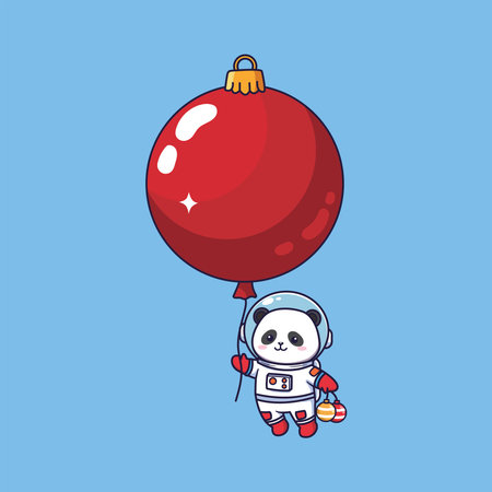 Cute Cartoon Panda Astronaut Holding Christmas Ornaments . Vector Illustration of Whimsical Holiday Space Characterのイラスト素材