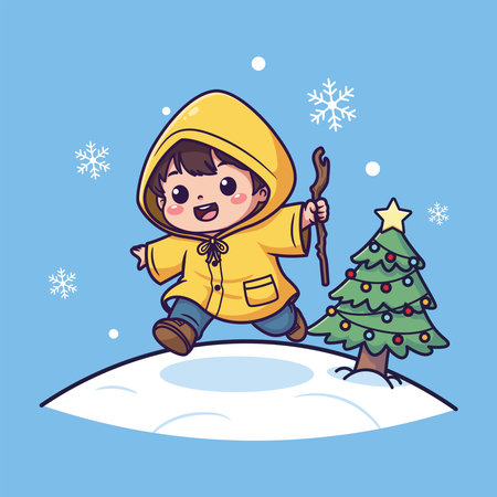 Cute Vector Illustration of a Child in Yellow Hooded Coat Holding Stick Walking Near Decorated Christmas Tree on Snowy Hill with Light Blue Backgroundのイラスト素材