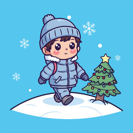 Cute Vector Illustration of a Child in Blue Winter Outfit Walking on Snowy Hill Beside Decorated Christmas Treeのイラスト素材