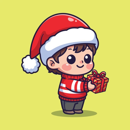 Cute Vector Illustration of a Child in Santa Hat Holding Wrapped Gift on Light Yellow Backgroundのイラスト素材