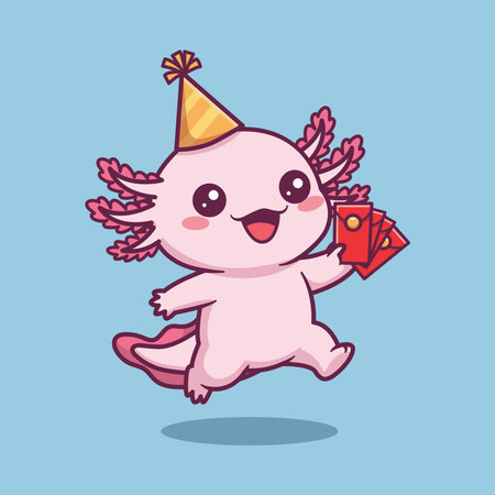Cute Cartoon Pink Axolotl Jumping with Party Hat and Red Envelopes Vector Illustrationのイラスト素材