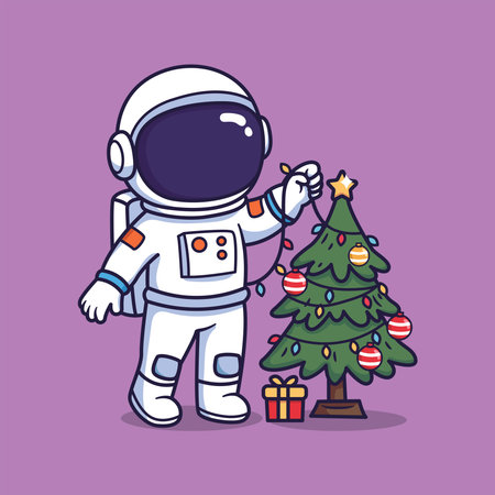 Cute Cartoon Astronaut Decorating Christmas Tree with Lights and Ornaments Vector Illustrationのイラスト素材