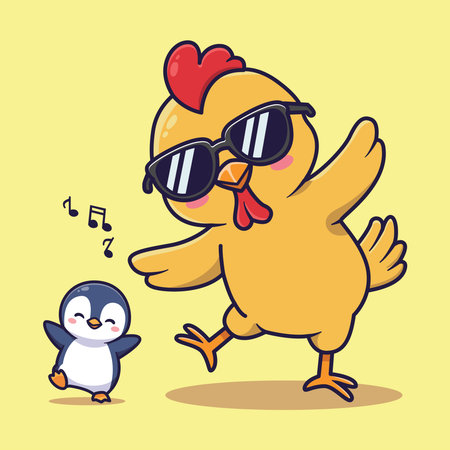 Cute Cartoon Chicken and Baby Penguin Dancing with Music Notes Vector Illustrationのイラスト素材