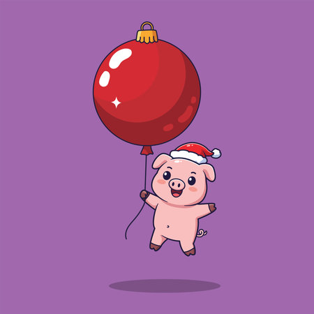 Cute Cartoon Pig Flying with Red Christmas Ornament and Santa Hat Vector Illustrationのイラスト素材