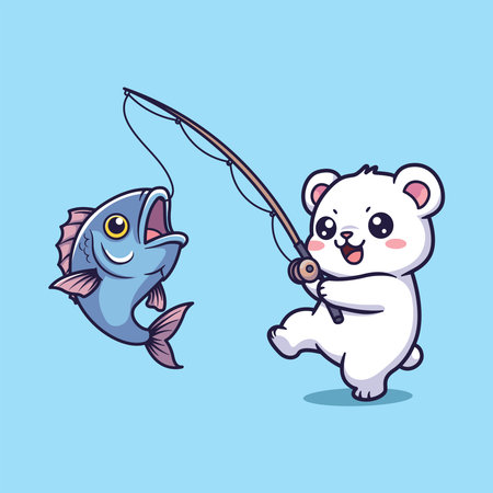 Cute cartoon polar bear with fishing rod and fish. Vector illustration.のイラスト素材