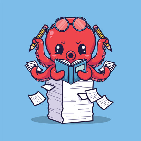 Cartoon red octopus reading a book on top of a pile of booksのイラスト素材