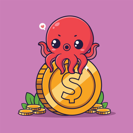 Cute cartoon octopus on coin money vector illustration graphic design.のイラスト素材