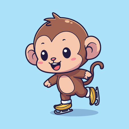 Cute Cartoon Monkey Character Ice Skating. Vector Illustration.のイラスト素材