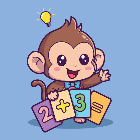 Cute monkey holding a set of numbers. Vector illustration. Cartoon style.のイラスト素材