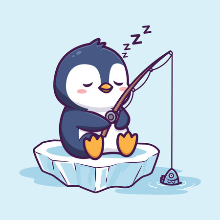 Cute penguin fishing on ice floe. Vector illustration.のイラスト素材