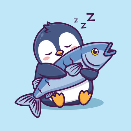 Cute penguin sleeping with fish. Vector cartoon character illustration.のイラスト素材
