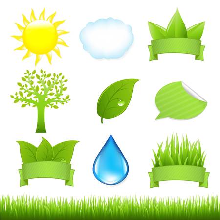 9 Nature Icons And Grass, Isolated On White Background, Vector Illustrationのイラスト素材