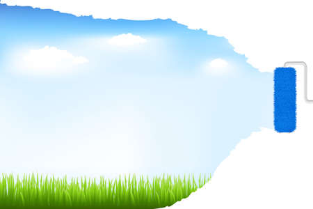 Green Grass And Blue Sky With Paint Rollerのイラスト素材