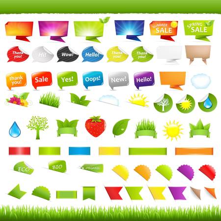 Big Set Nature Symbols, Stickers And Ribbons, Isolated On White Background, Vector Illustration のイラスト素材