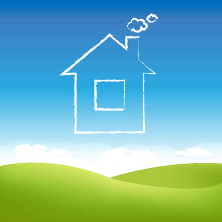 Cloud House In Air Over Grass Field.のイラスト素材